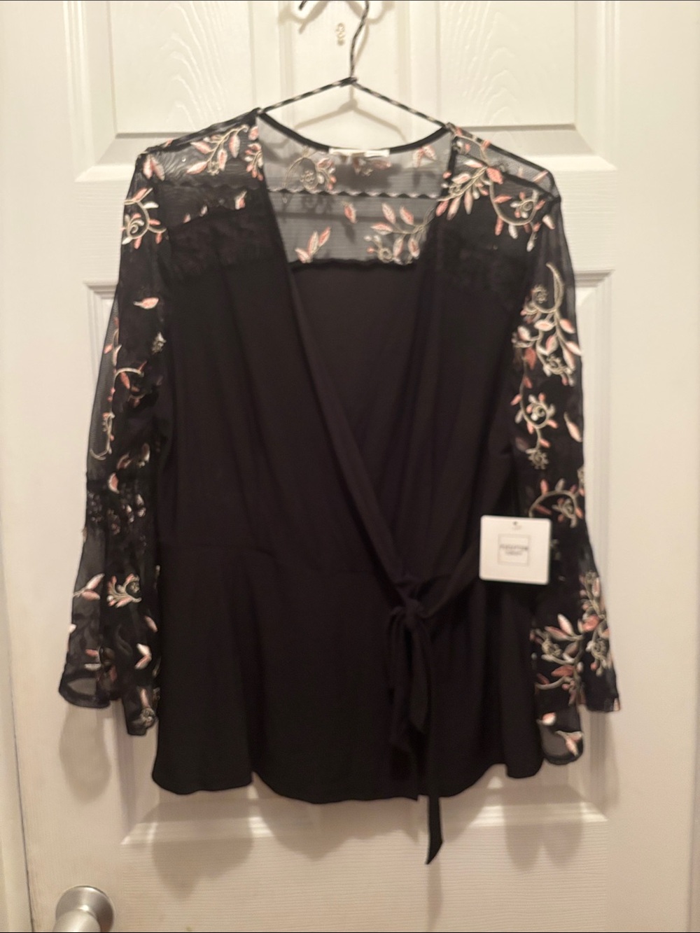 PerSeption Concept Black Wrap Tunic with Pink & Cream Floral Embroidery